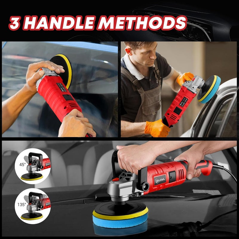 SILVEL Buffer Polisher, 1600W 7 Inch/6 Inch Polisher for Car Detailing, Wax Machine, 7 Variable Speed, with 6 Foam Pads, 3 Wool Pads, Packaging Bag, for Boat Polishing and Waxing - Image 4